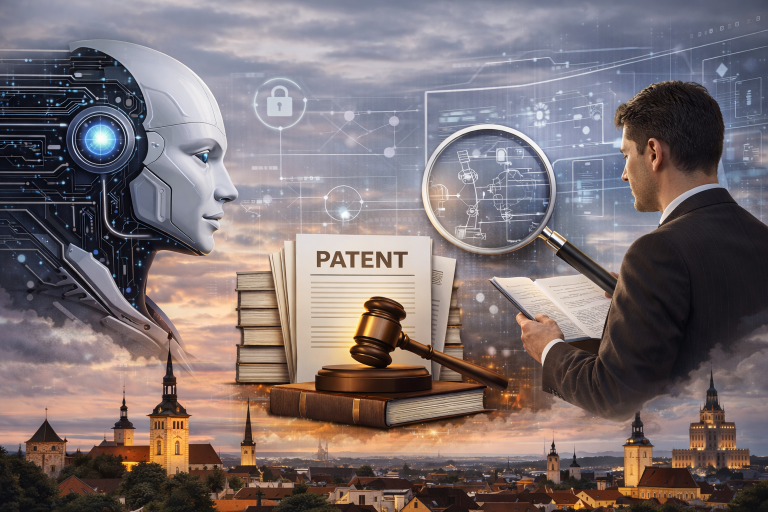 Humanoid robot and a lawyer examining a patent document beside a judge's gavel