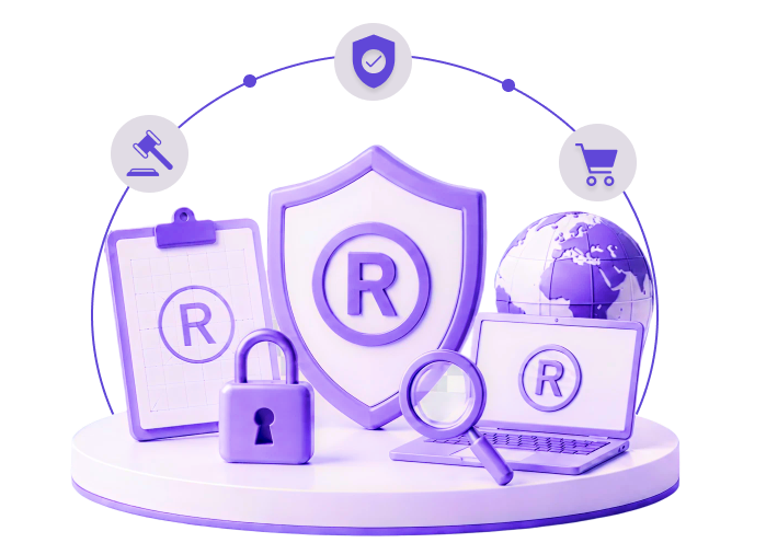 Trademark protection illustration: shield with a registered trademark symbol, padlock and globe