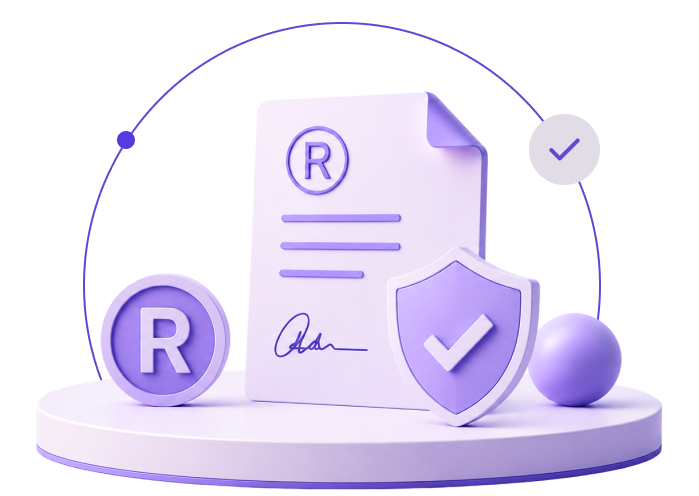 Trademark registration illustration: signed certificate with a registered trademark symbol and a shield