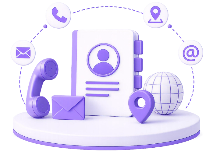 Contact Metida illustration: phone, email, contact card and location pin