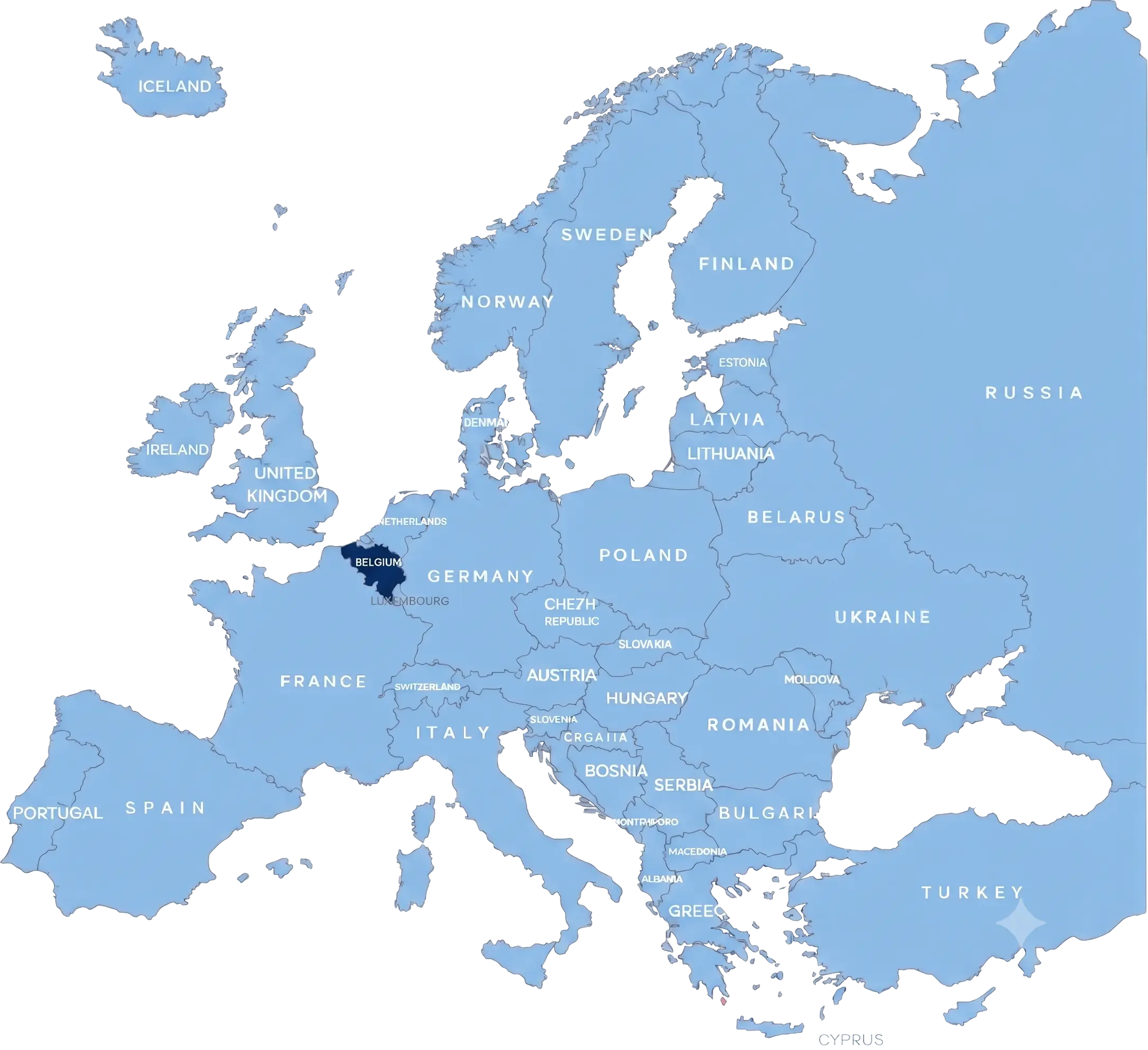 Map of Europe with Belgium highlighted