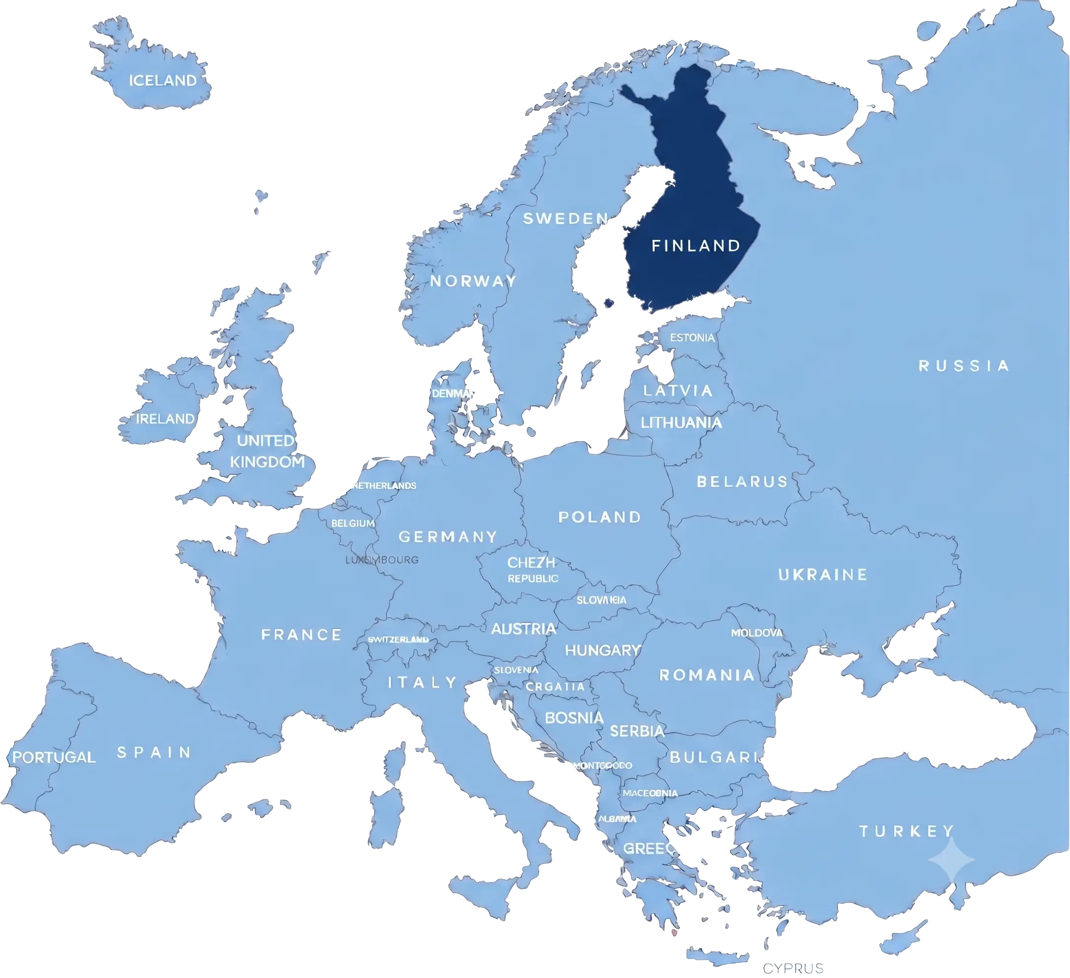 Map of Europe with Finland highlighted