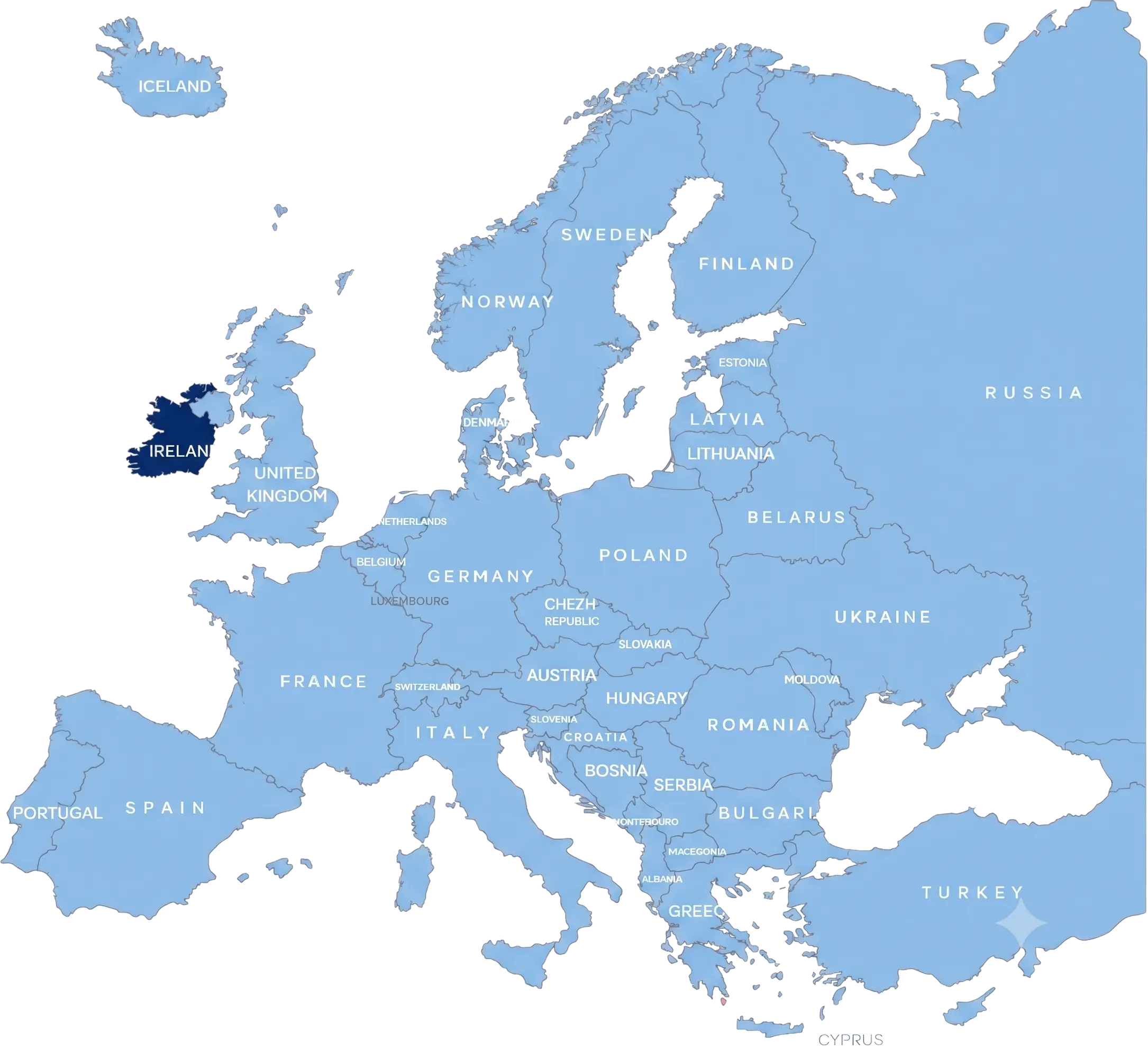 Map of Europe with Ireland highlighted