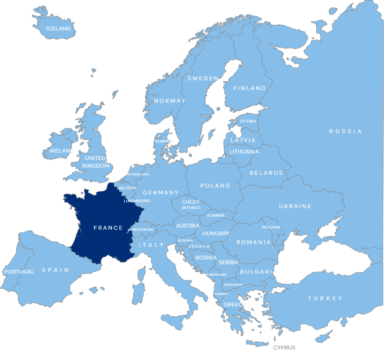 Map of Europe with France highlighted
