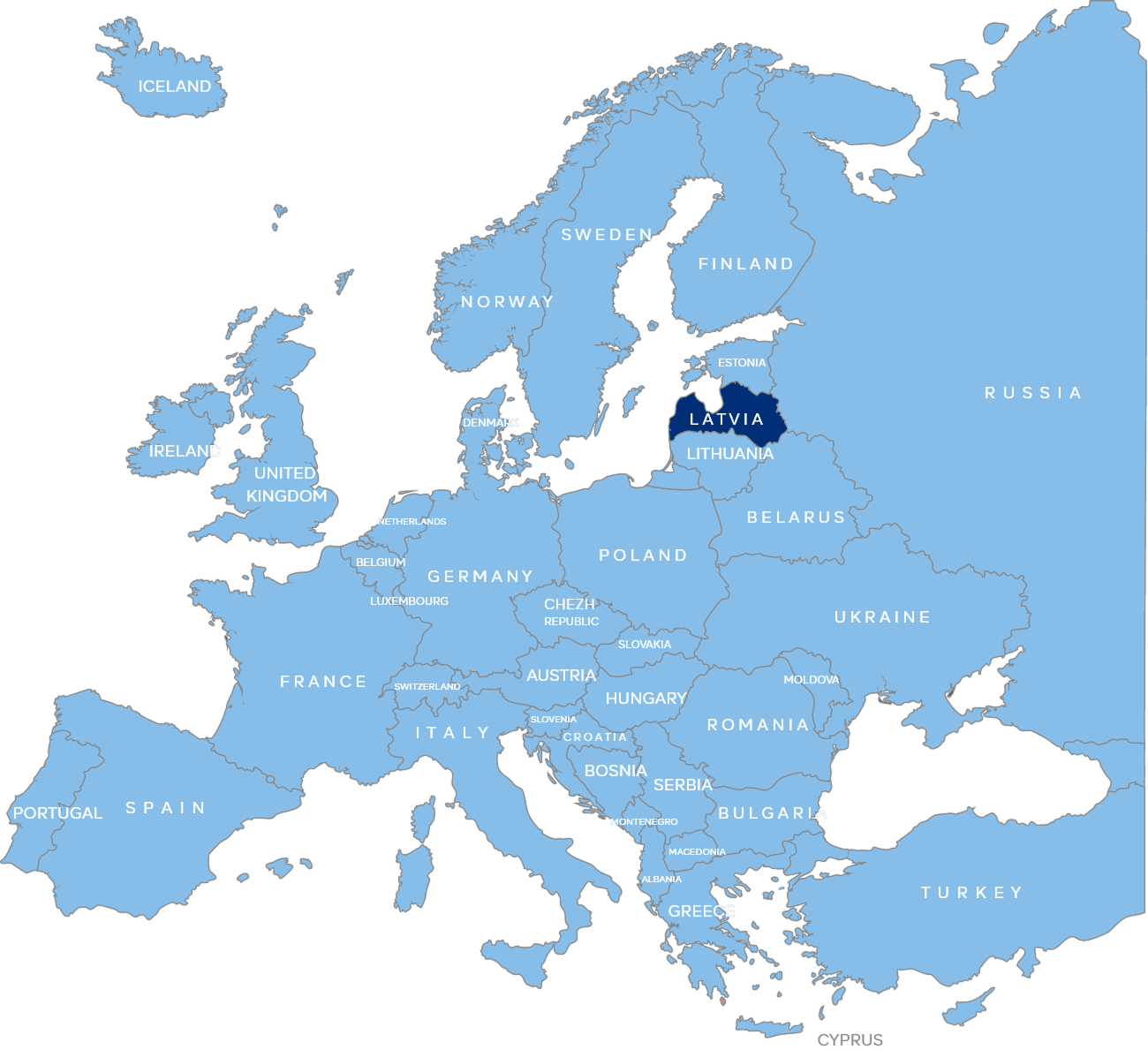Map of Europe with Latvia highlighted