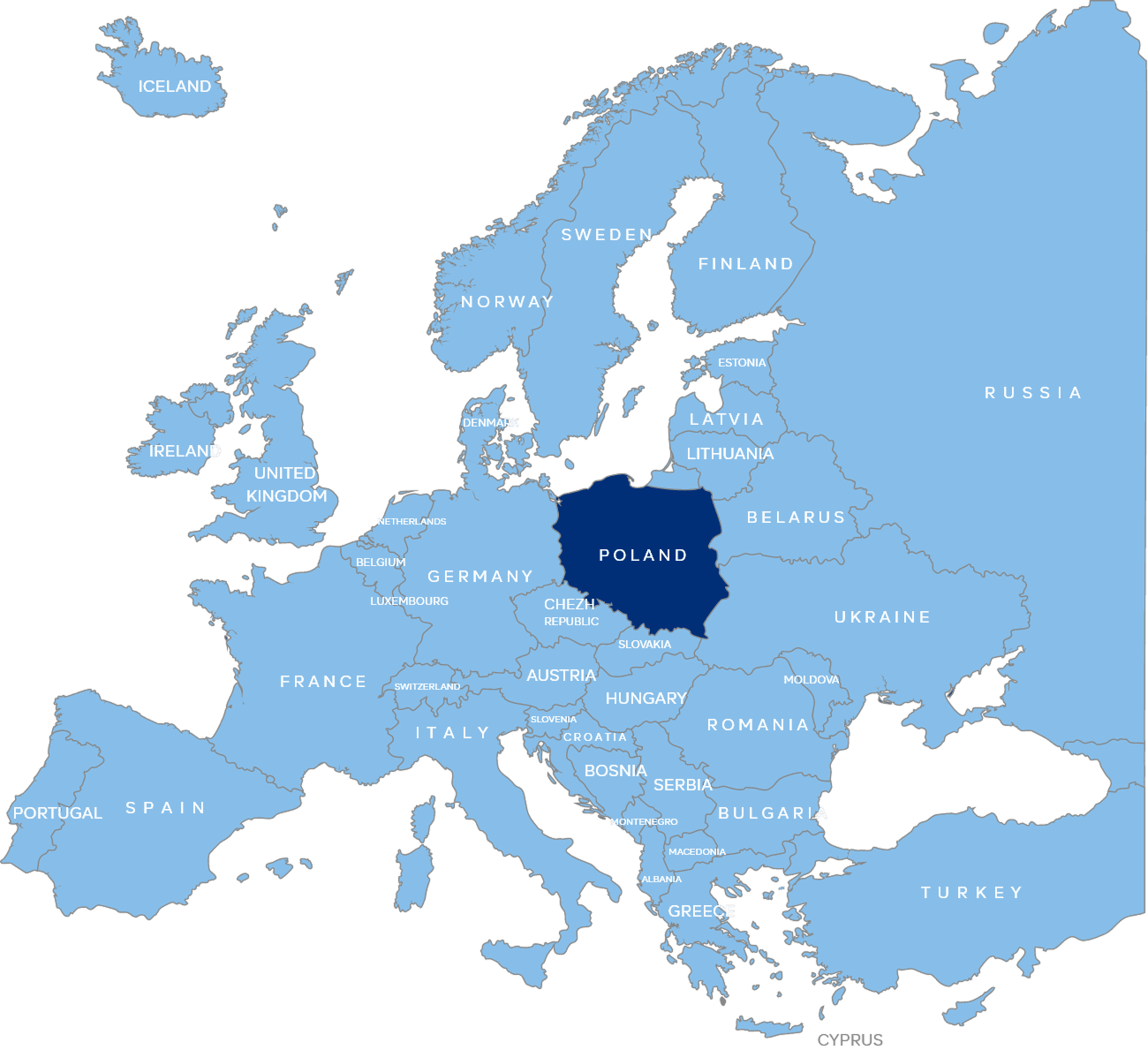 Map of Europe with Poland highlighted