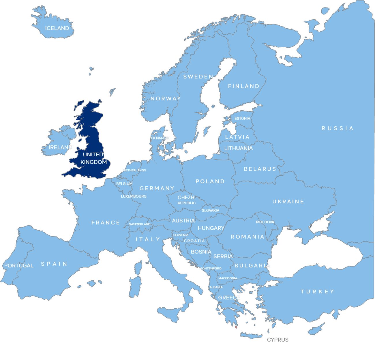 Map of Europe with the United Kingdom highlighted