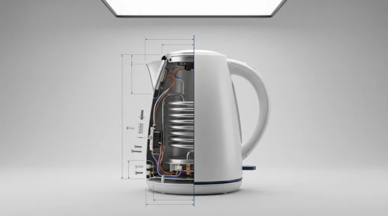 Electric kettle cut in half: internal mechanism on one side, finished design on the other – utility patent vs design patent