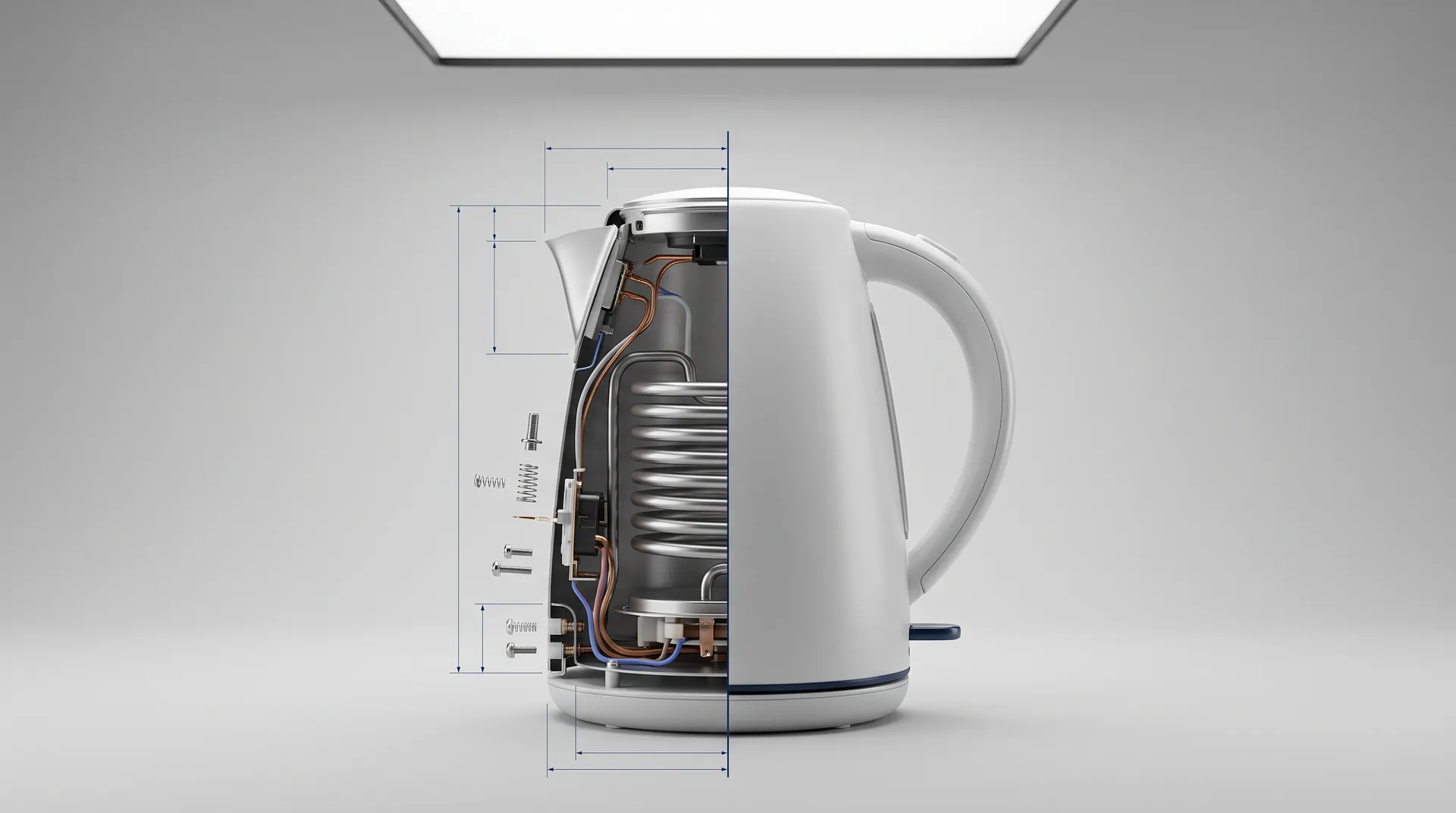 Electric kettle cut in half: internal mechanism on one side, finished design on the other – utility patent vs design patent